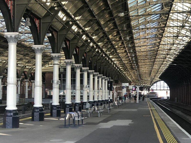 Platform 1 beneath the arched roof at Darlington Station, where the First Class lounge is located